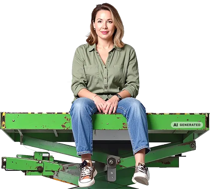 Frau sitzt auf grüner Plattform, trägt olivgrünes Hemd, Jeans und Sneakers, neutraler Hintergrund.